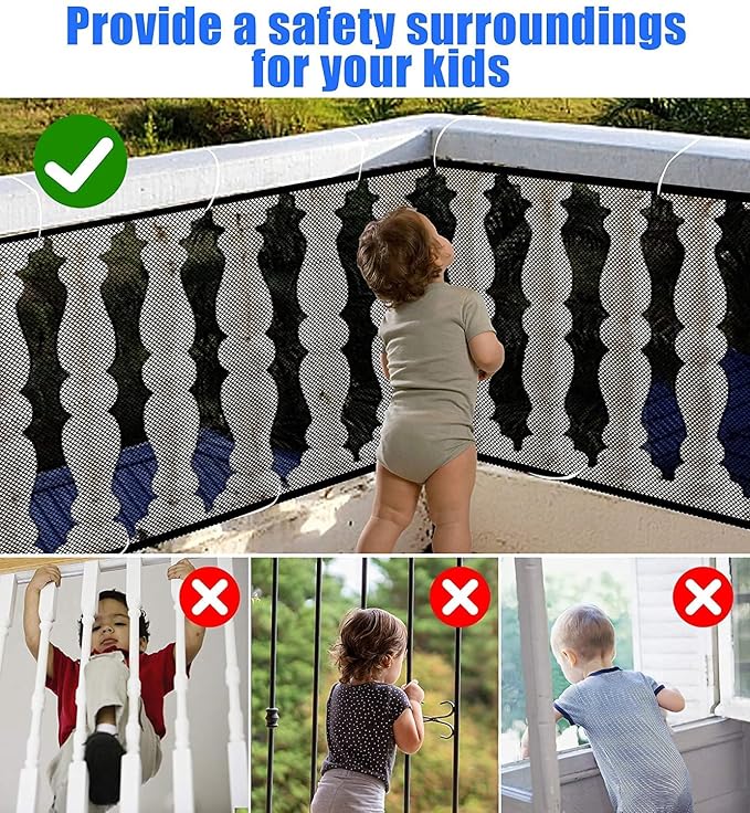Ewaves Stairway Net - Baby Safety Rail - 15 x 2.6ft - Banister Stair Net for Child, Small pet,Toy- Indoor & Outdoor(Black)