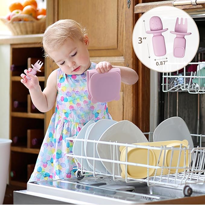 Baby Plates with Suction with Forks and Spoons, Foldable Silicone Toddler Plates, Baby Travel Essential, Microwave & Dishwasher Safe, Baby Blue
