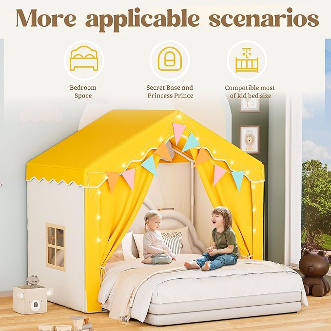 Kids Tent,Indoor & Outdoor Kid Playhouse 2 in 1 with Lights and Mat,54" x36.5" x 51" Large Play Tents with 2 Doors & 5 Windows,Yellow