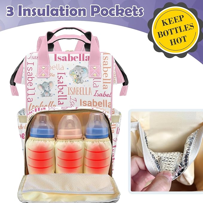 Custom Diaper Bag Backpack, Upgraded Large Capacity Baby Bag, Personalized Diaper Changing Backpack with Name, Multifuction Mommy Bag with Insulated Pockets, Baby Bag for Girls, Elephant Pink