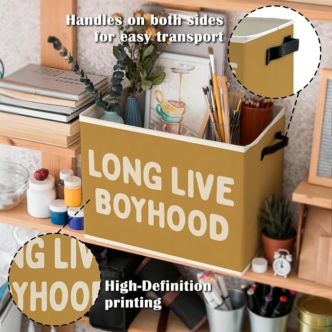 Long Live Boyhood Boys Storage Bins Box with Handles, Yellow Pattern Collapsible Basket Organizer for Kids Teen Boy Nursery Room Bedroom Bathroom Playroom Toys Books Clothes