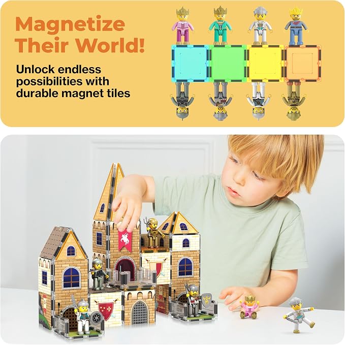 PicassoTiles 70pc Middle Age Medieval and Castle Theme Tile 2in1 8 Character Action Figures Magnet Tiles Building Block Pretend Magnetic Play Fine Motor Skill STEM Educational Construction Age3+ PTQ01