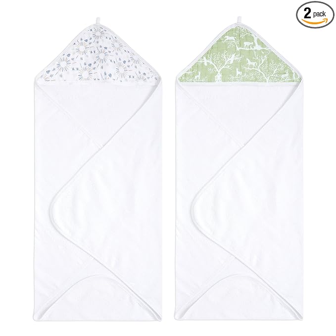 aden + anais Essentials Hooded Baby Bath Towel, Super Soft 100% Cotton, 2 Pack, Harmony