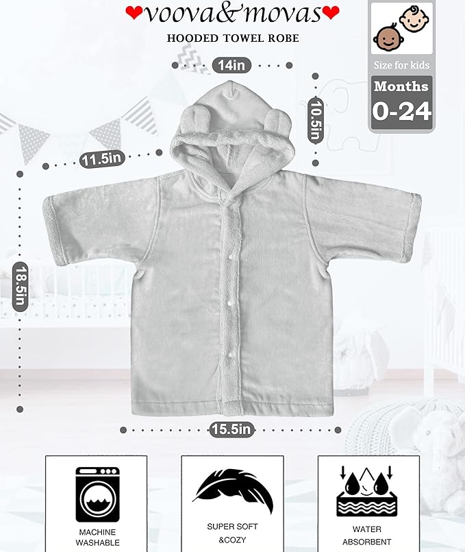 VOOVA & MOVAS Baby Hooded Bath Towel with Bear Ear (0-24Months) 100% Cotton Soft Absorbent Skin-Friendly Bath Pool Beach Towel Robe for Newborns & Infants - Perfect Set,Gray