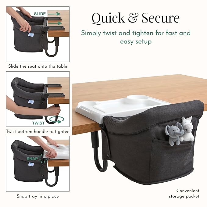 Evolur Clamp-On Comfort Table Chair, Portable Clip-On High Chair for Babies & Toddlers (6??6 Months), Removable Washable Seat Cover, Dishwasher-Safe Tray, Foldable Design with Carry Bag ??Black