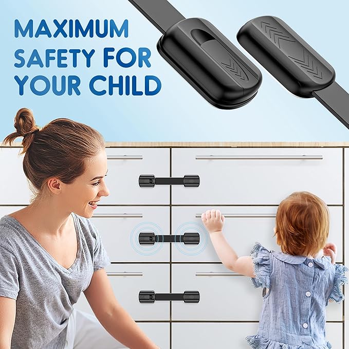 10 Pack Cabinet Locks Baby Proofing, SOGUDE Child Proof Cabinet Locks with 3M Adhesive Child Safety Locks for Refrigerator, Doors, Drawer Locks No Drilling, Cabinet Locks for Babies- Black