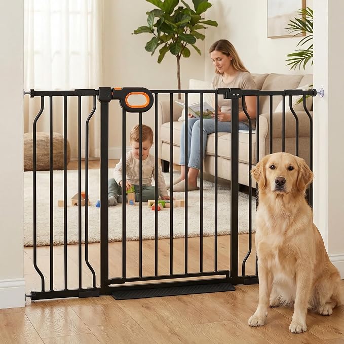 Baby Gates Extra Wide with Door 29.1-57.5 Inch Extra Wide Pressure Mounted Baby Gate Dog gate for Doorways Indoor Metal Gate No Drilling with Walk-Through Door,Black