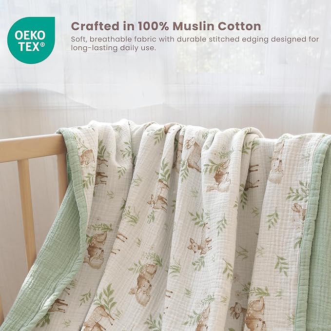 Konssy Muslin Baby Blankets for Girls Boys 47"x47", 100% Cotton Crib Blanket for Infant Toddler, Super Soft and Lightweight Nursery Swaddling Wrap (Woodland)