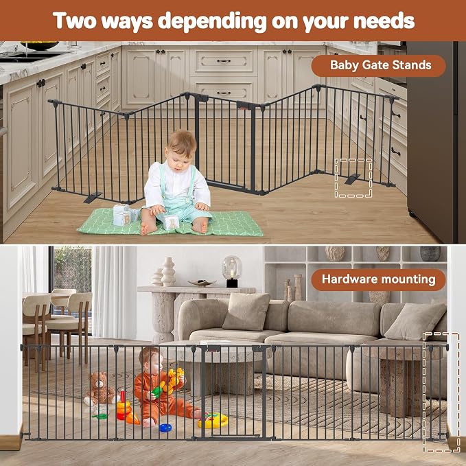 Kfvigoho Baby Gate 27.5"-129" Extra-Wide Playpen, Play Yard Child Safety Fence, Dog Gate with Auto-Close Door, Double Locking System for Fireplace, Foldable 5 Steel Panels, Black