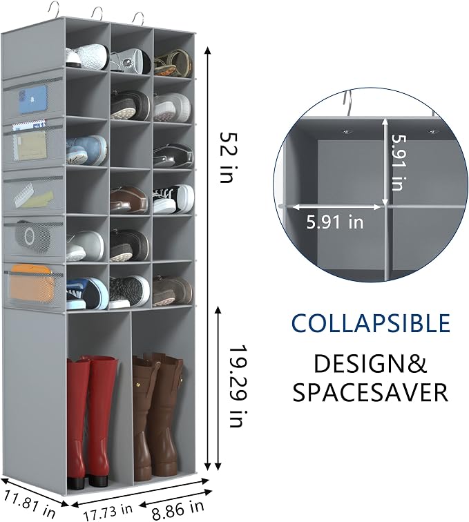 Hanging Shoe Rack for Closet,18+2 Sections Hanging Shoe Closet Organizers and Storage with 10 Side Mesh Pockets,Space-Saving Shoe Storage & Holder,Grey