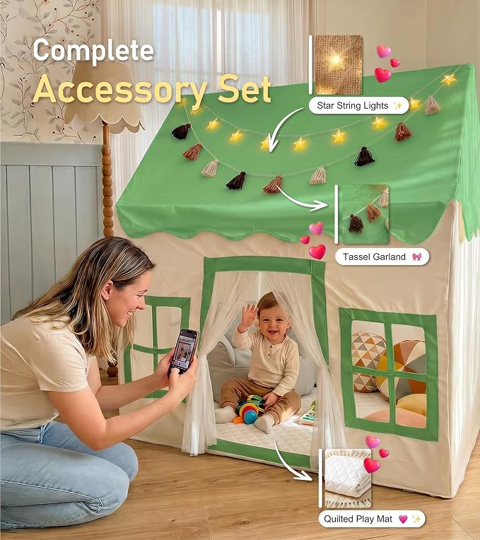 Little Dove Kids Play Tent with Mat, Star Lights, Tassel Garland, Toddler Playhouse with Windows Easy to Wash, Indoor and Outdoor Play Tents for Kids, Toys for Girls, Boys, Birthday Gift, Green
