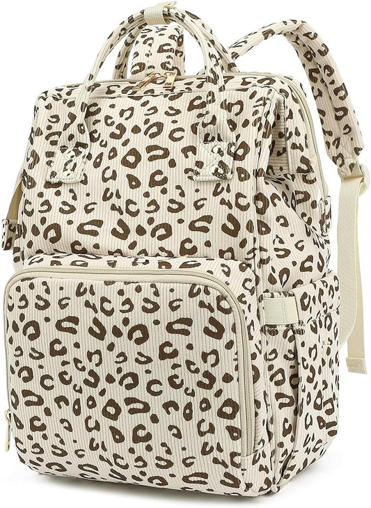 Corduroy Diaper Bag Backpack for Baby Girls Boys, Women Large Nappy Bags for Mom (Beige Corduroy Leopard)