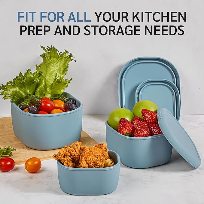 ISSEVE 6Pcs/Set Nesting Silicone Food Storage Containers with Lids, BPA Free Reusable Meal Prep Silicone Containers Lunch Box Bento Box Set (33.8oz, 20oz, 10oz, 6.7oz, 1.3oz) (Blue)