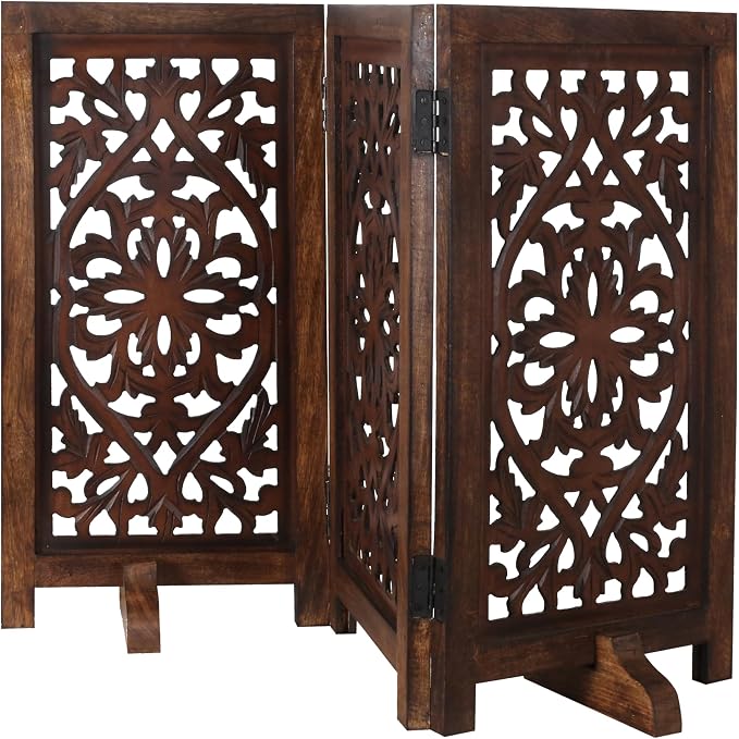 Free Standing Dog Gate – 4 Panel Foldable Wooden pet gate Indoor 56" W x 28" H, Hand-Carved Solid Wood & MDF, Portable Indoor Gate for Doorways, Halls, Stairs – Fully Assembled, Burnt Finish