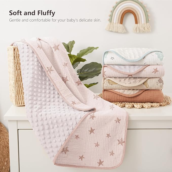 Susurration Baby Blanket for Unisex Boys Girls, 2 Pack Soft Fluffy Crib Blankets with Muslin Cotton Front and Dotted Fleece Back, Receiving Blanket for Baby Newborn Infant, 30x40inch, Pink Star&Sand