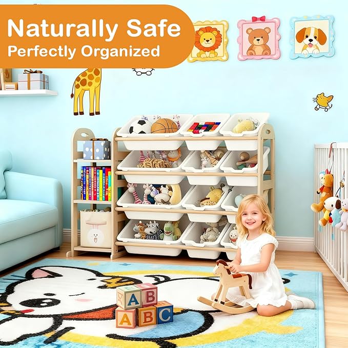 Toy Storage Organizer, Wooden Toy Organizers and Storage with Bookshelf, Toy Storage Shelf with 3 Shelves and 12 Storage Bins, Kids Bookshelf for Playroom, Nursery, Bedroom, Bookcase for Kids, White