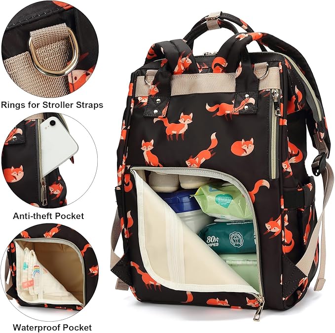 Fox Baby Diaper Bag Backpack for Women, Large Capacity Waterproof Maternity Travel Nappy Backpacks with Stroller Straps