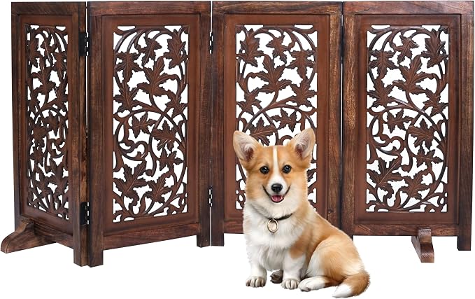 Folding Dog Gate for Indoor Use, 4 Panel Free Standing Wooden Pet Barrier, 56x28 Inch Decorative Lucy Design Dog Fence for Doorway, Stairs, or Hallway, Natural Burnt