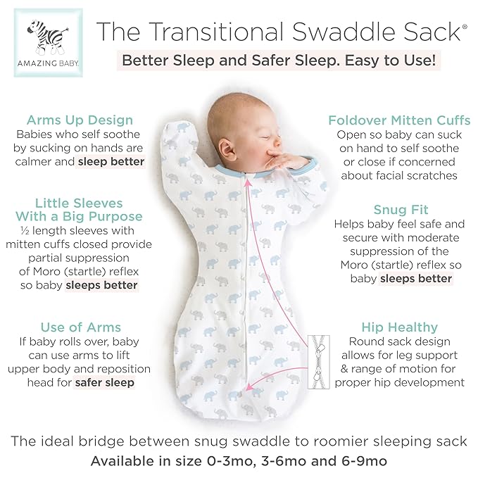 Amazing Baby Transitional Swaddle Sack, Arms Up Half-Length Sleeves & Mitten Cuffs, Swaddle for Newborn Transition to Baby Sleep Sack Wearable Blanket, Small, 0-3 month, 6-14 lb, Blue Tiny Elephants