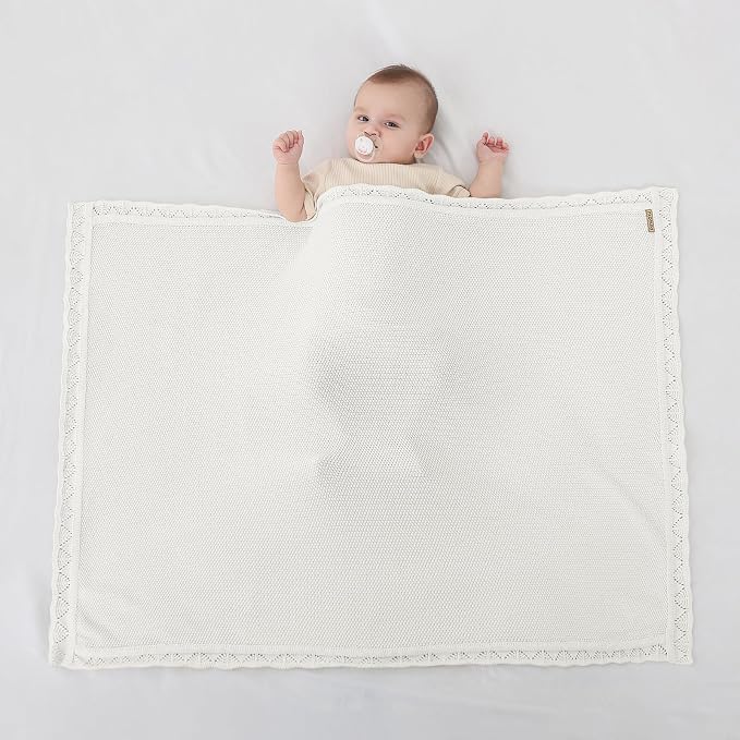 Knitted Baby Blanket for Boys & Girls, 100% Cotton Receiving Swaddle Crib Stroller Blanket for Shower Gift Registry for Newborns, Infants, Toddlers40 x31 Inches
