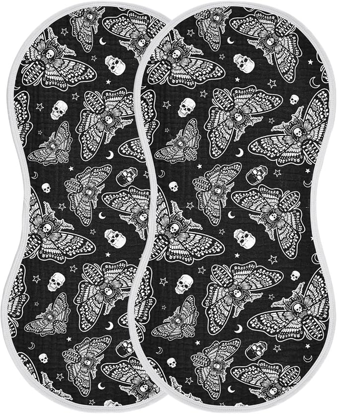 Gothic Gothic Skull Moth Muslin Burp Cloths for Baby Boys and Girls - 2-Pack Ultra Absorbent Muslin Washcloths, Newborn Towel, Milk Spit Up Rags, Burp Cloth Bibs, 22 x 11 Inch
