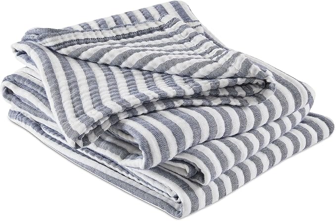 EMME Cotton Muslin King Blanket Bed Layering Bedspread Coverlet Breathable Gauze Soft Lightweight (Striped Navy, 108"x90")
