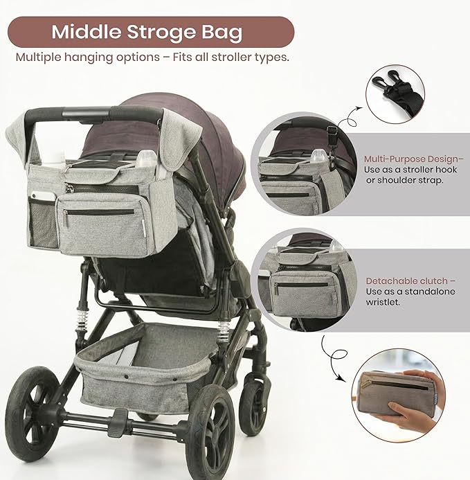 Gray Universal Stroller Organizer with 2 Insulated Cup Holders, 3-in-1 Stroller Caddy with Detachable Phone Bag & Non-Slip Shoulder Strap, Fits Uppababy, Nuna, Doona, Baby Essentials