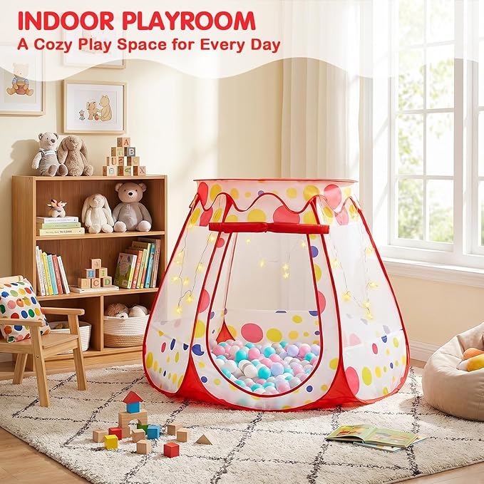 PopUp Princess Tent, Toddler Girl Toys Baby Ball Pit with LED Star Lights, Foldable Kid Play Tent with Carrying Bag, Indoor Outdoor 1 2 3 Year Old Girls Toy Gift for Birthday/Christmas, Red