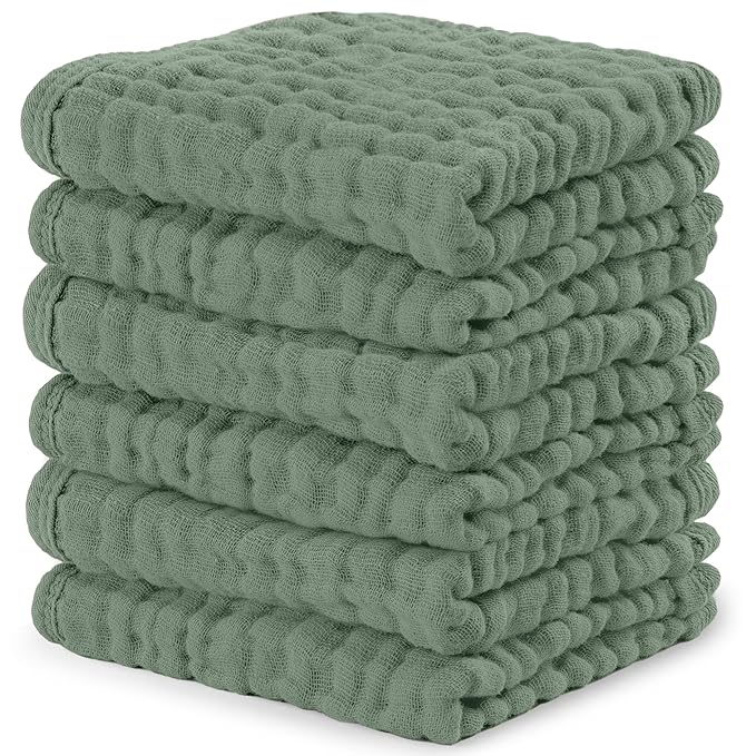 Comfy Cubs Muslin Baby Washcloths 6 Pack - Soft 6-Layer Cotton Wash Cloths for Sensitive Skin - 10"x10" Large, Gentle, Absorbent Infant Essentials for Newborn and Toddlers - Fern