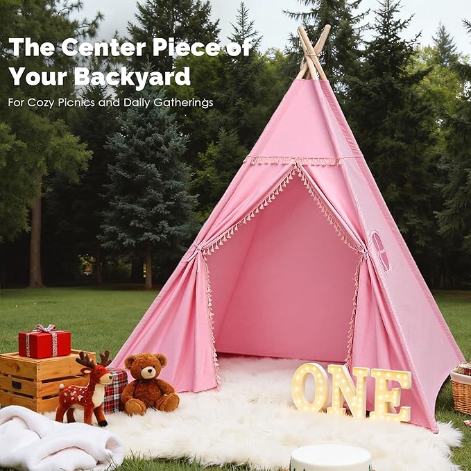 Sumbababy Large Teepee Tent for Adults & Kids, Cotton Canvas Foldable Indoor Tent for Toddlers, Sleepover Gift Toy for Girls & Boys, Washable Slumber Party Tent for Party Decor, Pink