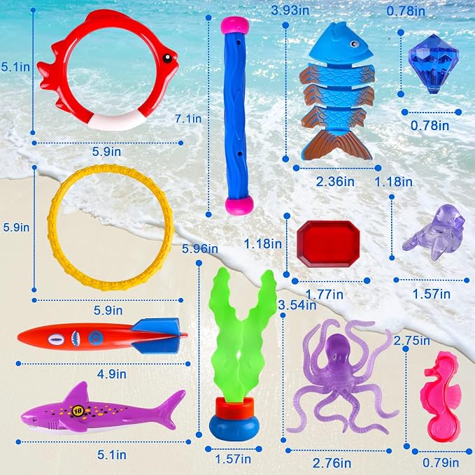 40 Pack Summer Pool Diving Toys for Kids Ages 3-12, Fun Swimming Games Sinking Toy Set, Underwater Gifts with Storage Bag Include Gems Shark Rings Sea Animals for Boys Girls