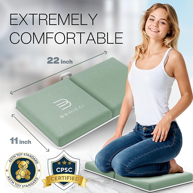 Comfortable Bath Kneeler and Elbow Kneeling Rest Pad for Baby Bathing Parents - Painless Foam Mat with Toy Organizer Pockets - Quick Drying, Foldable, Non-Slip for Baby and Toddler Bathing - Green