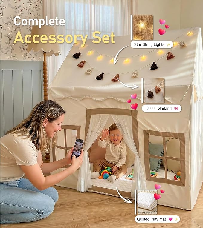 Little Dove Kids Play Tent with Mat, Star Lights, Tassel Garland, Toddler Playhouse with Windows Easy to Wash, Indoor and Outdoor Play Tents for Kids, Toys for Girls, Boys, Birthday Gift, Beige