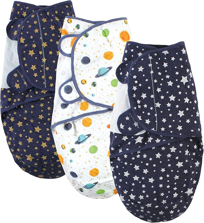 Hudson Baby Unisex Baby Quilted Cotton Swaddle Wrap 3pk, Metallic Stars, 0-3 Months
