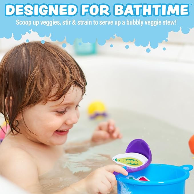 Tub Works® Tub Soup??Scoop, Strain & Play Toddler Bath Toy | Floating Foam Veggies, Ladle for Scooping & Soup Pot for Straining | Pretend Play Cooking Kids Bath Toys | Creative Bathtub Toys