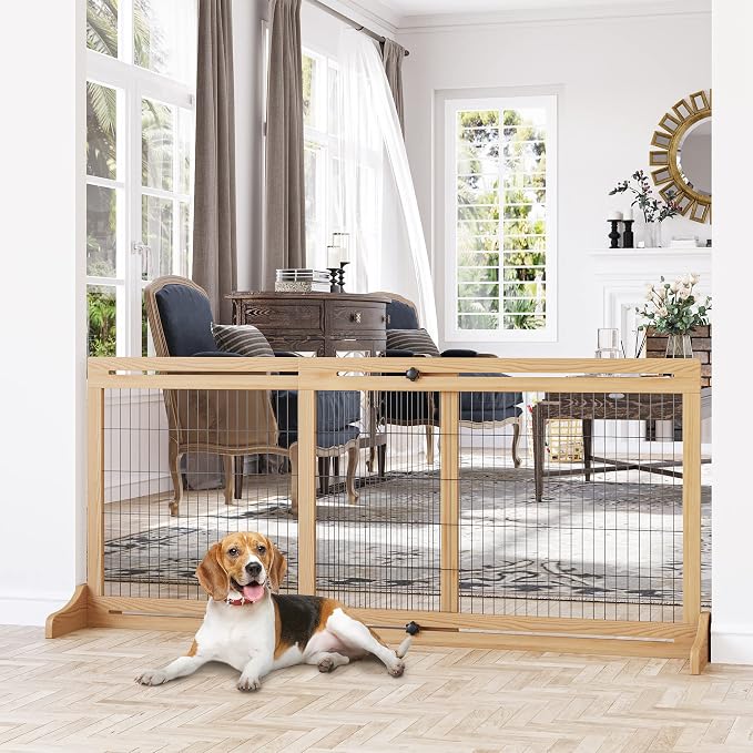 PawHut 72" W x 27" H Extra Wide Freestanding Pet Gate with Adjustable Length Dog, Cat, Barrier for House, Doorway, Hallway, Natural