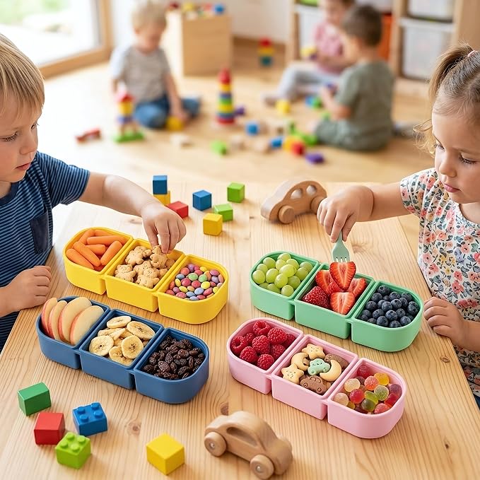 Silicone Reusable Snack Containers with Lids, 4 Pack 3 Compartment Bento Snack Boxes, Leakproof Food Storage Containers for Meal Prep, Lunch, Fruits, Kids & Adults, Dishwasher Safe