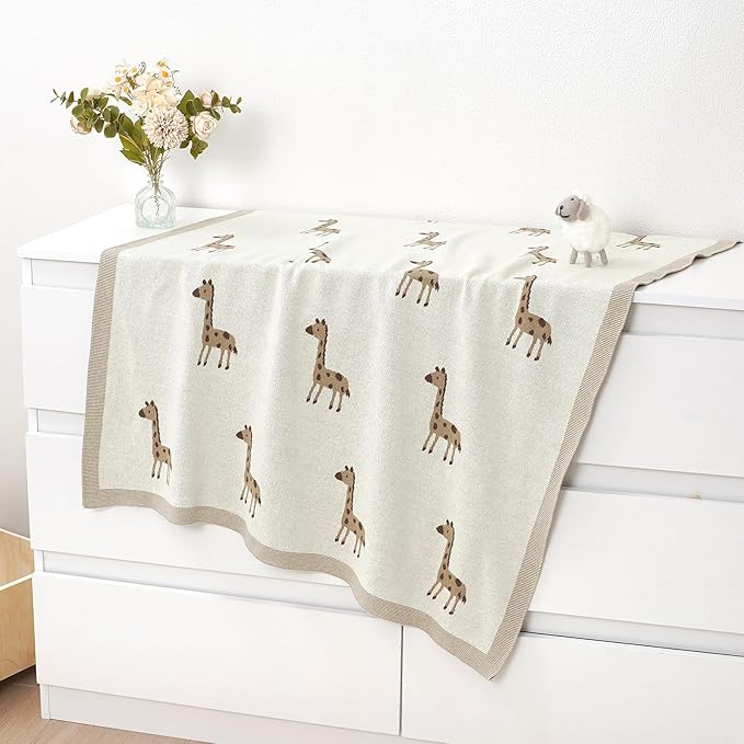 Opewod Soft Cotton Knit Baby Blanket with Cute Deer Print 40x30in Newborn Receiving Blanket Swaddle Cuddle Blanket for Crib, Stroller, or Nursery for Infants & Toddlers White