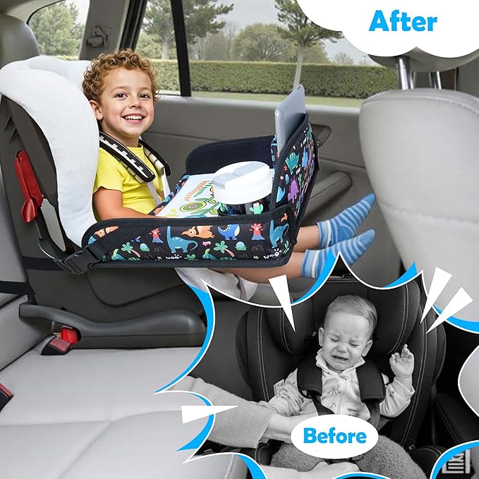 2Pcs Kids Travel Tray for Toddler Carseat, Road Trip Activities Essentials for Toddler, Kids Lap Desk Tray with Tablet Holder Stand ï¼?Dry Erase Board (Dinosaur & Mermaid)