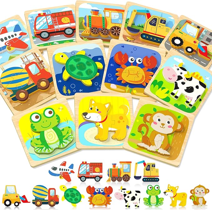 Benresive Wooden Toddler Puzzles for Boys Girls Age 1 2 3, 12 Pack Montessori Vehicle Animal Toys, Educational Preschool Learning Toys, Great Birthday Gifts for Toddlers