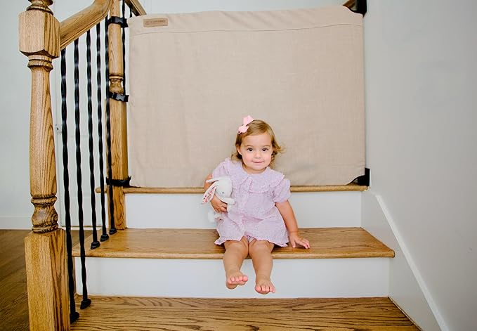 The Stair Barrier First Fabric Wall to Banister Baby Gate for Stairs 36”–43” Wide x 32” Tall – Dog Gate for Stairs, for Top or Bottom Staircase, Machine-Washable, Climb Proof, Designed in USA – Beige