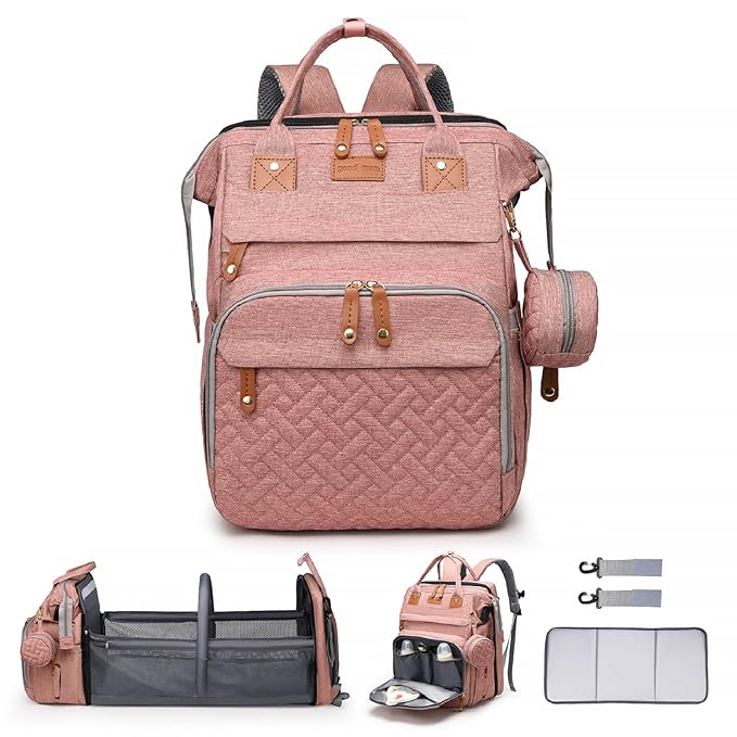 Baby Diaper Bags with Changing Station Multifunctional Waterproof Diaper Bag Backpack Travel Baby Bag with Changing Pad, Pacifier Case,Baby Essentials(Pink)