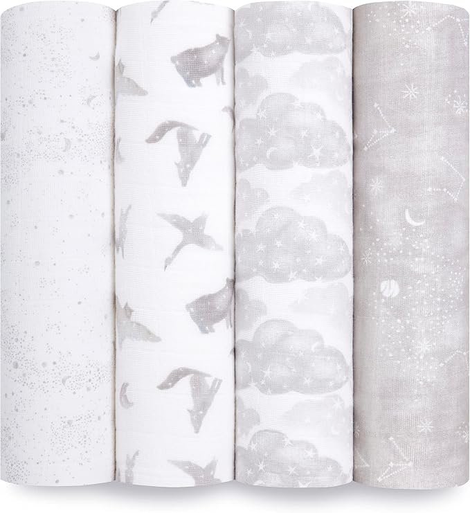 aden + anais Boutique Organic Swaddle Blanket 4-Pack – 100% Organic Cotton Muslin, Large, Soft, Breathable Receiving Blankets for Infants – Lightweight Multi-Use Baby Swaddles, Map The Stars