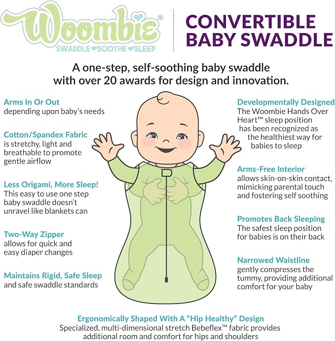 Woombie Convertible Nursery Swaddling Blanket - Swaddle Converts to Wearable Blanket for Babies Up to 3 Months (Kiss Elephant Blue, 5-13 lbs)