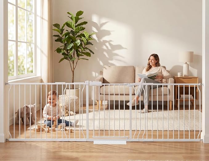 Extra Wide Baby Gates Large Long Dog Gates for the House Doorways Stairs Pressure Mount Dog Pet Gate Walk Through Metal Child Indoor Safety Gates (White, 86.3"-105"/219-267CM)