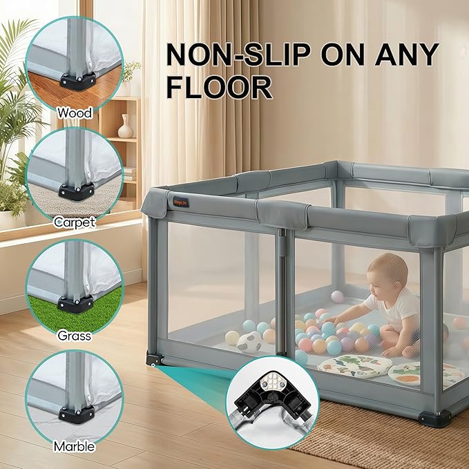 Foldable Playpen with Detachable Thicken Mat,59x71 Inches Portable Playpen,Collapsible Play Pen for Babies and Toddlers,Indoor & Outdoor Baby Fence Play Area,Cold Gray