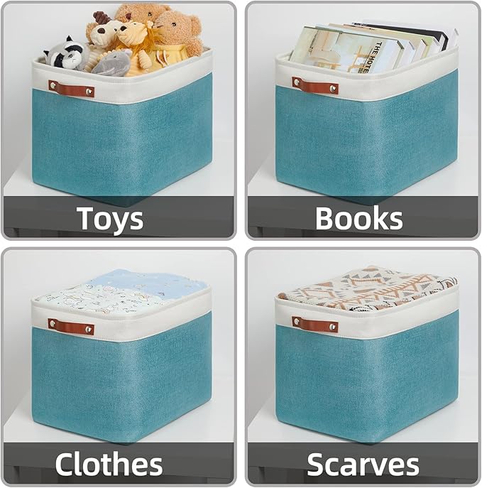 HNZIGE Extra Large Fabric Storage Bin Baskets for Organizing Shelves [2 Pack] Storage Baskets for Closet 16" X 11.8" X 11.8" Rectangular Storage Basket Bin for Organization Living Room(Teal&White)
