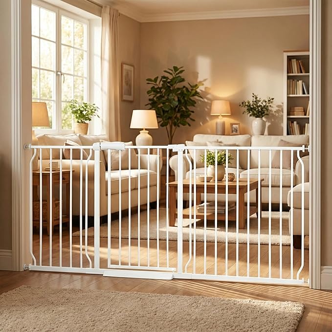 Extra Wide Baby Gate71.5-76.3" Dog Gate for Doorways, Pressure Mounted No Drill Safety Gate for Kitchen, Hallways, White Metal Pet Gate for Dogs
