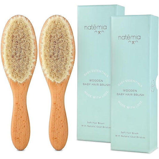 Natemia Soft Bristle Baby Hair Brush Set - 2 Pack Wooden Brushes for Newborns, Toddlers, and Baby Registry Gift