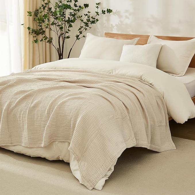 EMME Cotton Muslin King Blanket Big Oversized Bed Layering Bedspread Coverlet Beige Breathable Gauze Soft Lightweight Blankets (120"x94")